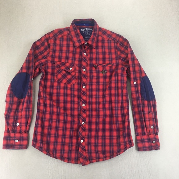 Epic Threads Shirt Junions Size Large Elbow Patches Red Plaid Button Up Outdoor - Picture 2 of 16